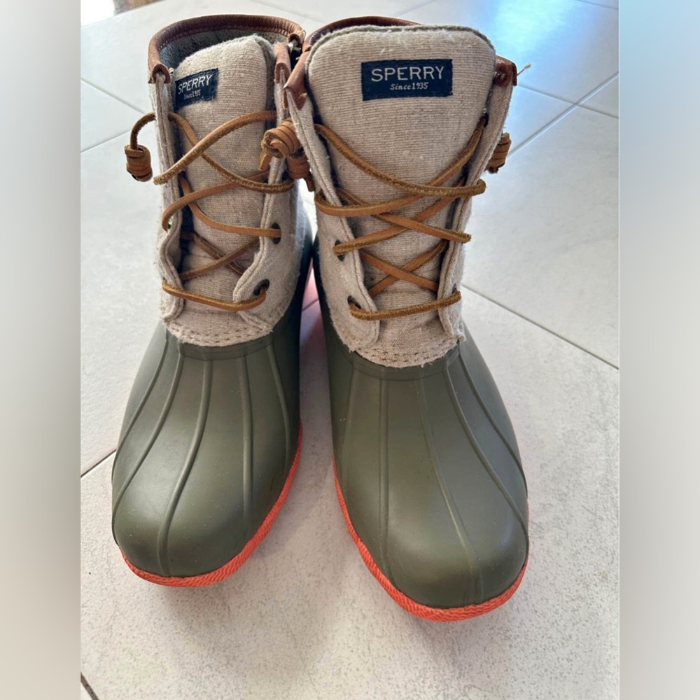 Sperry Green and Beige Duck Boots with Orange Bottoms